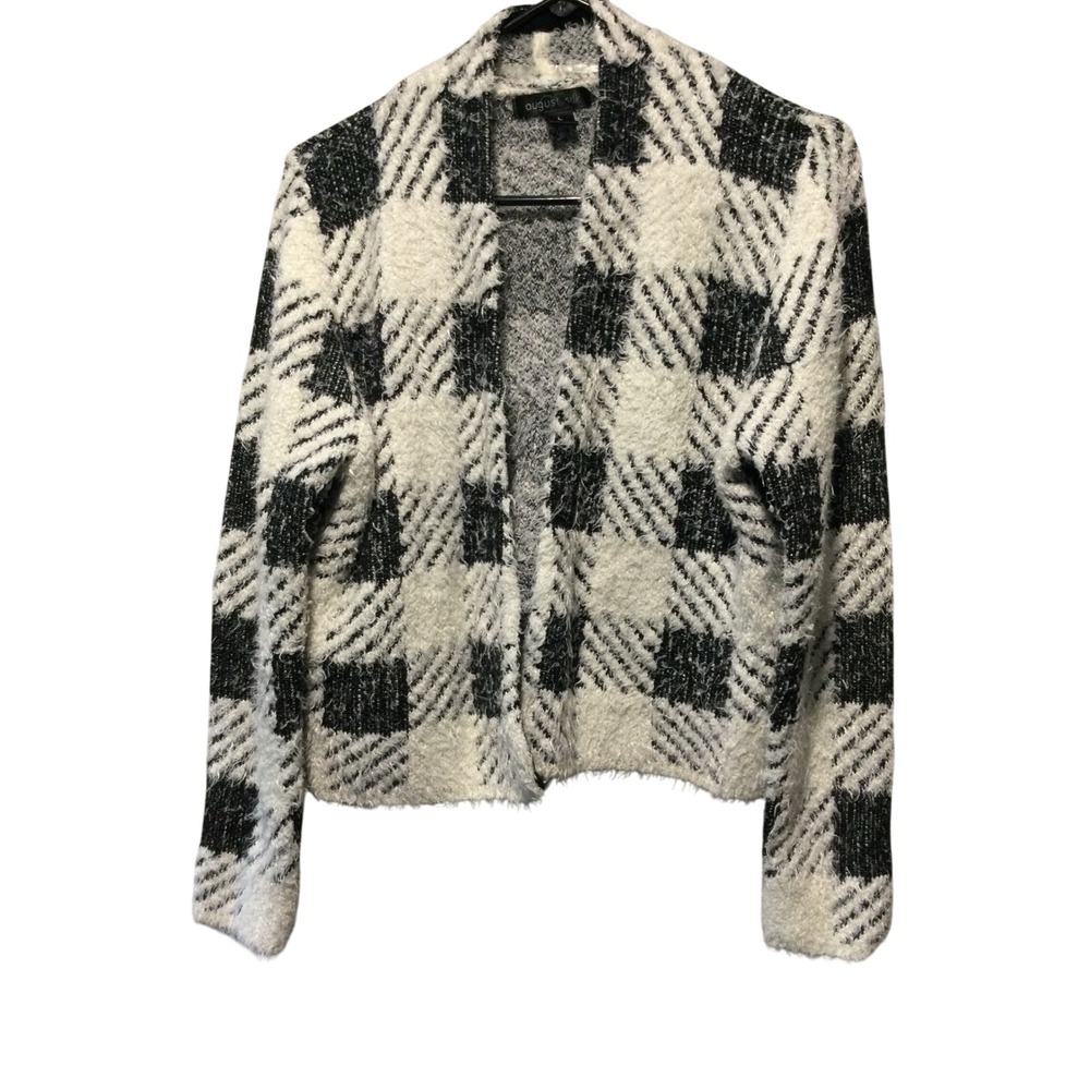 August Silk Women's Black and White‎ Fuzzy Plaid Open Front Cardigan size L